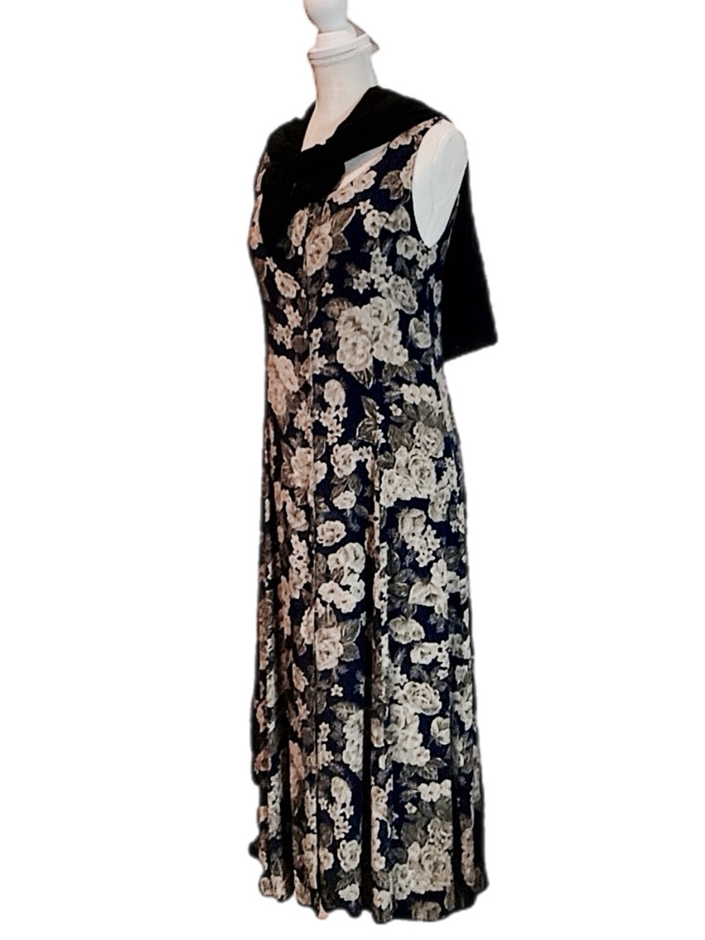 VTG BFA Classics M-12 Women’s Black White Floral Sundress 100% Rayon Midi Boho